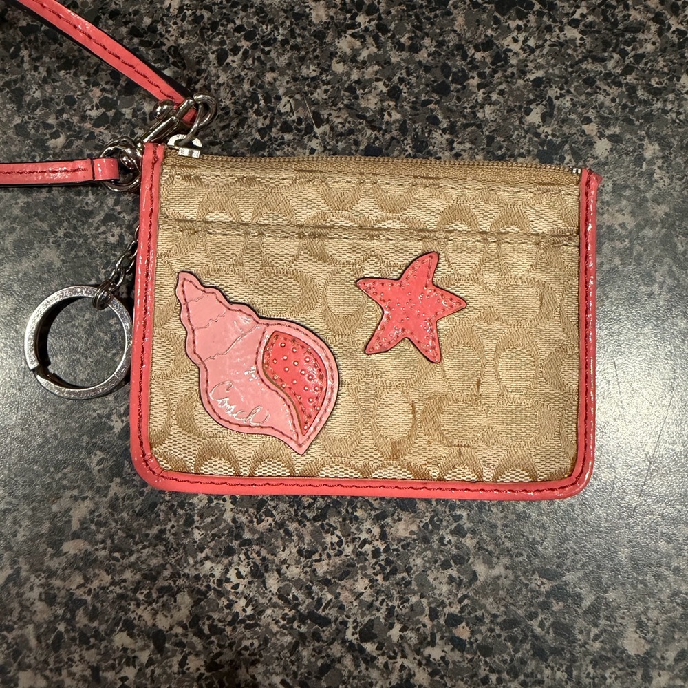 Coach Beige Signature Card Case with Coral Trim and Sea Appliqués